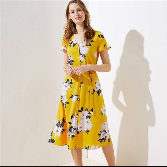 LOFT Dresses & Skirts - NEW LOFT Bouquet Flutter Shirtdress Yellow Floral Button Front Belted Midi Boho